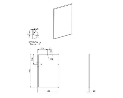 Technický nákres obdĺžnikového zrkadla s rozmermi
