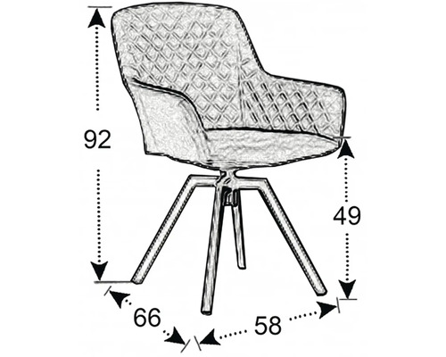 Rozmerový nákres kresla s opierkami na ruky s rozmermi 92, 66, 58 a 49 centimetrov.