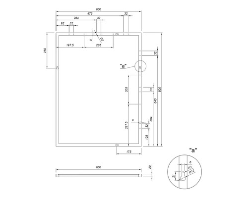 Technický nákres zrkadla s rozmermi