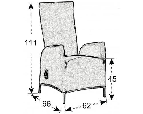 Nákres kresla s rozmermi výška 111 cm, výška sedadla 45 cm, šírka 66 cm a hĺbka 62 cm.