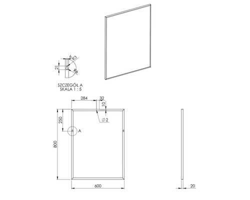 Technický výkres zrkadla s rozmermi
