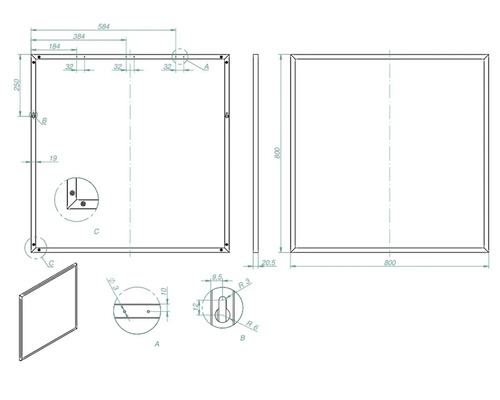 Technický výkres zrkadla s rozmermi