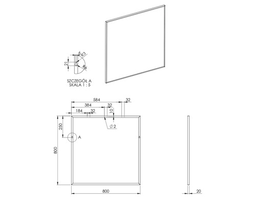 Technický výkres obdĺžnikovej dosky s rozmermi.