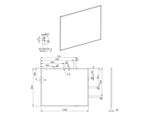 Technický nákres obdĺžnikového zrkadla s rozmermi