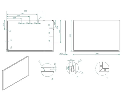 Technický výkres obdĺžnikovej dosky s rozmermi