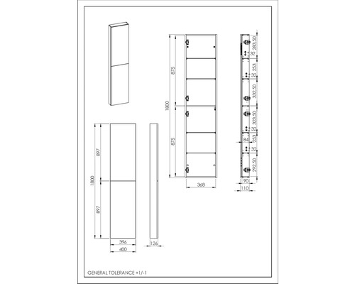 Technický nákres skrine s rozmermi