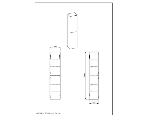 Technický výkres vysokej skrine s rozmermi