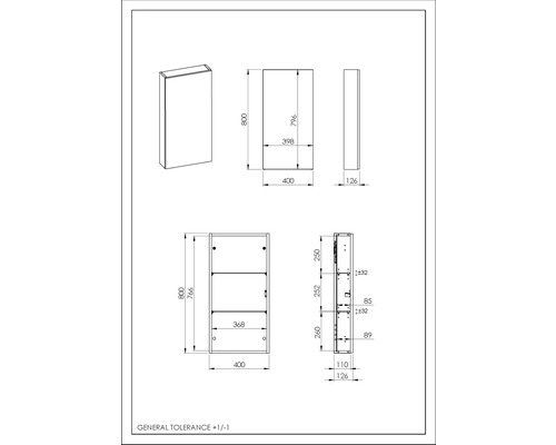 Technický výkres kúpeľňovej skrinky s rozmermi