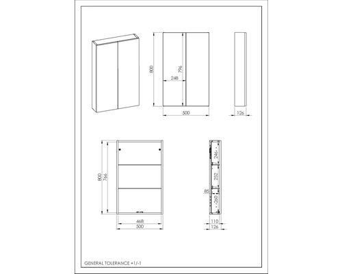 Technický nákres zrkadlovej skrinky s rozmermi