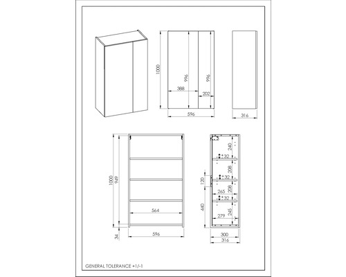 Technický nákres kúpeľňovej skrinky s rozmermi