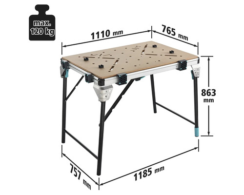 Pracovný stôl s rozmermi 1110 mm x 765 mm, výška 863 mm, maximálna nosnosť 120 kg