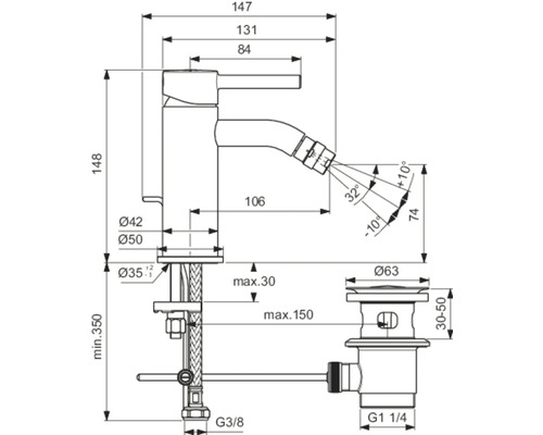 Technický nákres bidetovej batérie s rozmermi