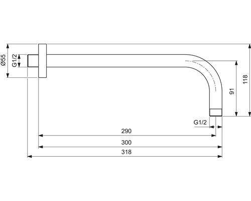 Technický nákres nástenného výtoku s rozmermi