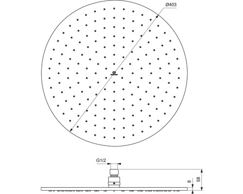 Technický nákres sprchovej hlavice s rozmermi