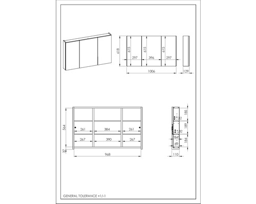 Technický nákres zrkadlovej skrinky s rozmermi
