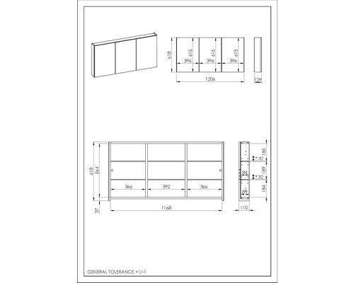 Technický nákres zrkadlovej skrinky s rozmermi
