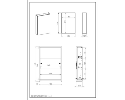 Technický výkres kúpeľňovej zrkadlovej skrinky s rozmermi