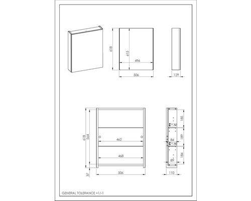 Technický nákres nástennej skrinky s rozmermi