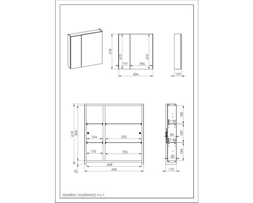 Technický nákres zrkadlovej skrinky s rozmermi