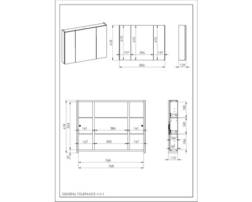 Technický nákres zrkadlovej skrinky s rozmermi.