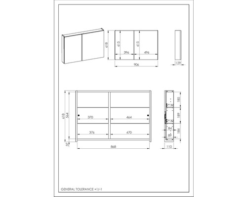 Technický nákres zrkadlovej skrinky s rozmermi