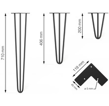Obrázok vlásenkových nôh v rôznych veľkostiach a montážnej dosky v tvare L s rozmermi
