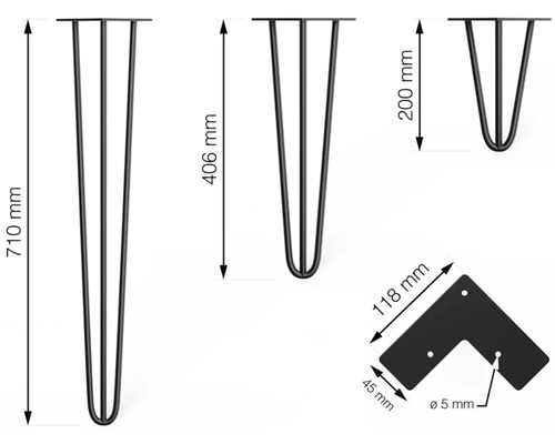 Obrázok vlásenkových nôh v rôznych veľkostiach a montážnej dosky v tvare L s rozmermi