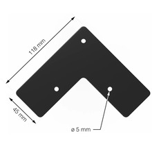 Rohová spojka s rozmermi 118 mm x 45 mm a tromi otvormi s priemerom 5 mm