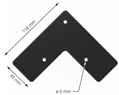 Rohová spojka s rozmermi 118 mm x 45 mm a tromi otvormi s priemerom 5 mm
