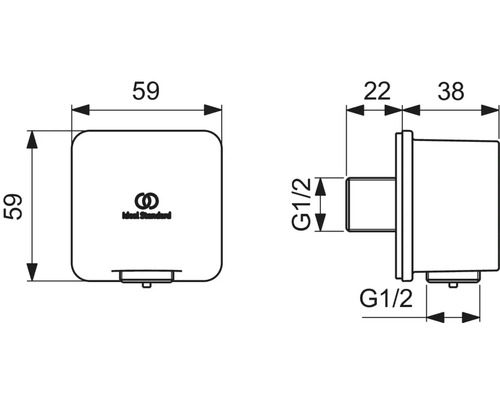 Technický nákres rohového ventilu s rozmermi