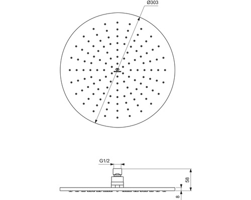 Technický nákres sprchovej hlavice s rozmermi