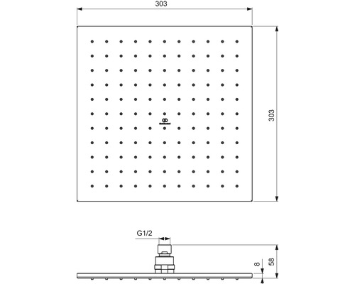Technický nákres sprchovej hlavice s rozmermi 303 x 303 milimetrov a s prípojkou G1/2
