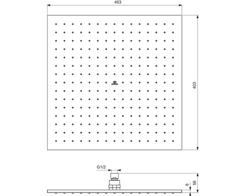 Technický nákres sprchovej hlavice s rozmermi
