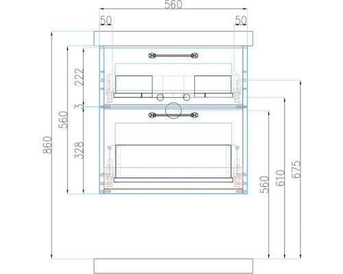 Technický výkres súpravy kúpeľňového nábytku s rozmermi