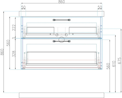 Technický nákres kúpeľňovej skrinky s rozmermi