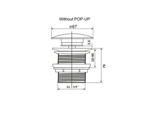 Technický nákres výpustného ventilu bez funkcie Pop-Up s rozmermi