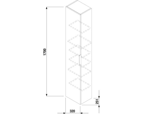 Nákres kúpeľňovej vysokej skrinky s rozmermi 1700 x 320 x 251 milimetrov