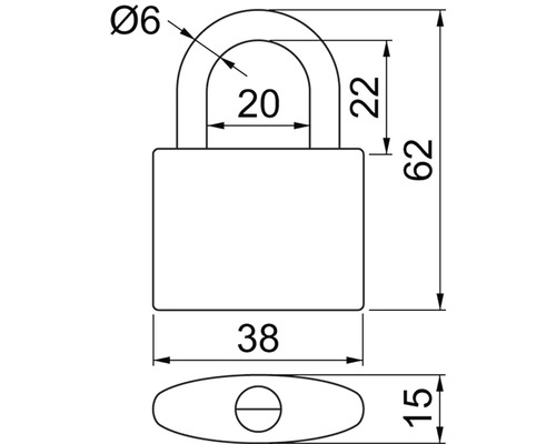 Technický nákres visiaceho zámku s rozmermi