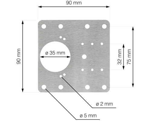 Technický nákres montážnej dosky s rozmermi 90 x 90 mm s rôznymi otvormi