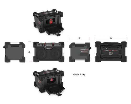 Pohľady na staveniskové rádio Perfectpro Workstation 4 s rozmermi 31, 35 a 47 centimetrov a hmotnosťou 9,1 kilogramu.
