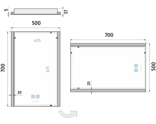 Technický nákres zrkadlovej skrinky s rozmermi