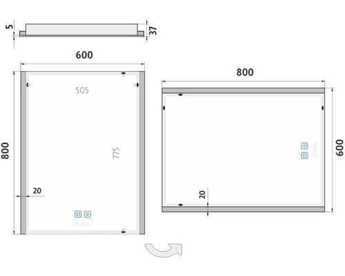 Technický nákres zrkadla s rozmermi 600 krát 800 milimetrov a 600 krát 800 milimetrov.