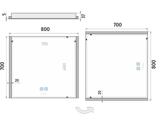 Technický nákres zrkadla s rozmermi 800 x 700 mm