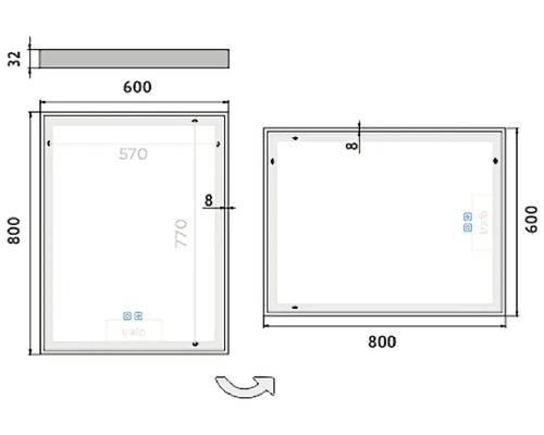 Technický nákres zrkadla s rozmermi 600 x 800 mm a hĺbkou 32 mm