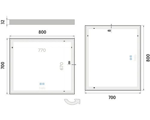 Technický nákres osvetleného zrkadla s rozmermi