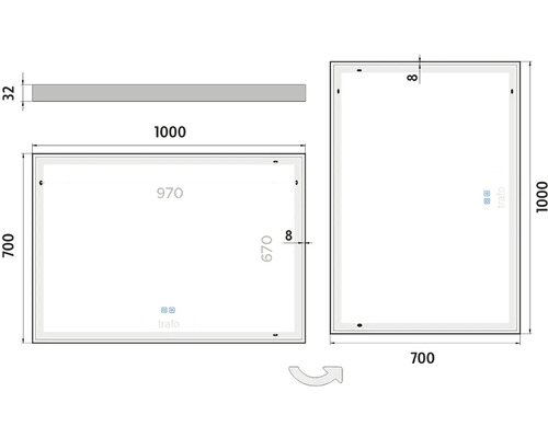 Technický nákres zrkadla s rozmermi 1000 x 700 mm