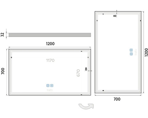 Technický výkres zrkadla s LED osvetlením a rozmermi.