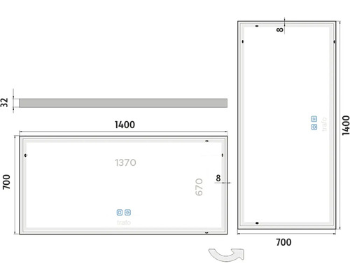 Technický výkres zrkadla s rozmermi 1400 x 700 mm.