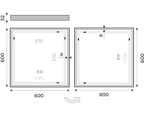 Technický nákres zrkadla s rozmermi 600 krát 600 milimetrov a hrúbkou 32 milimetrov