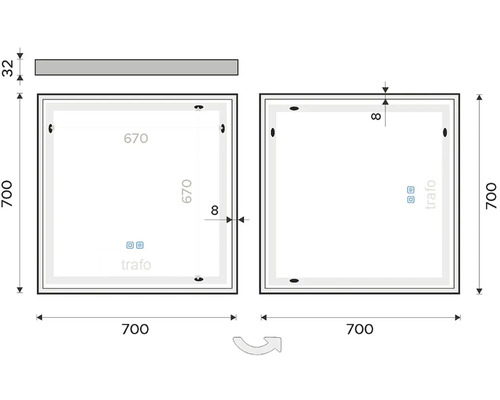 Technický nákres zrkadla s rozmermi 700 x 700 milimetrov